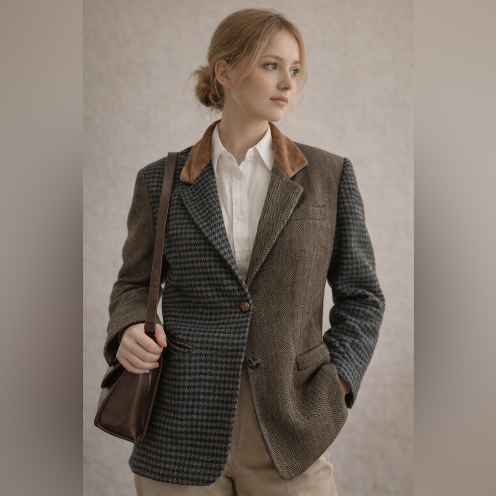 Vintage Laura Jefferies Wool Tweed Blazer Patchwork Equestrian S Luxury